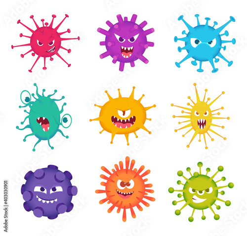 Virus faces. Medical characters bacteria mascot smiling monster pathogenic virus exact vector set. Illustration illness and influenza collection