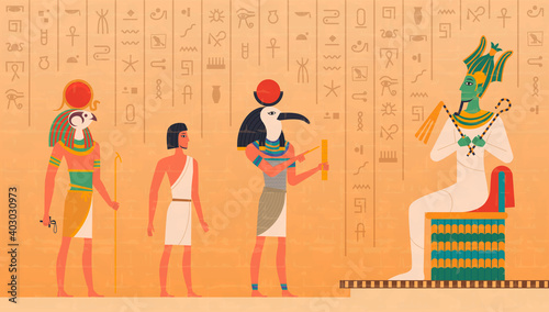 Egypt mural. Cultural ancient characters painting on wall historical egyptian background with gods osiris pharaoh anubis exact vector set. Illustration egyptian hieroglyph, pharaoh egyptology