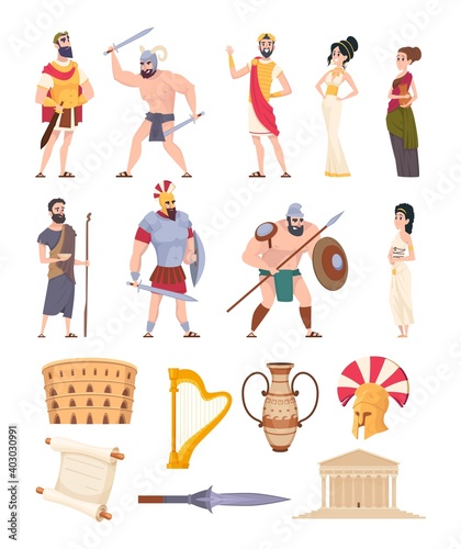 Rome elements. Cultural ancient traditional objects and architectural constructions historic characters coliseum warriors and rome vector. Illustration ancient character, antique civilization