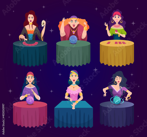 Fortune tellers. Magician witches with fairytale crystal magic balls exact vector characters. Illustration witch and medium spiritual, mysterious paranormal