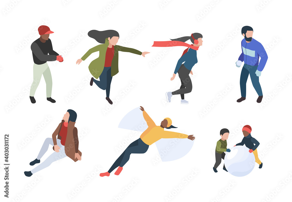 Winter people. Isometric characters in winter clothes walking enjoying xmas romantic season garish vector collection. Winter character in warm clothes illustration