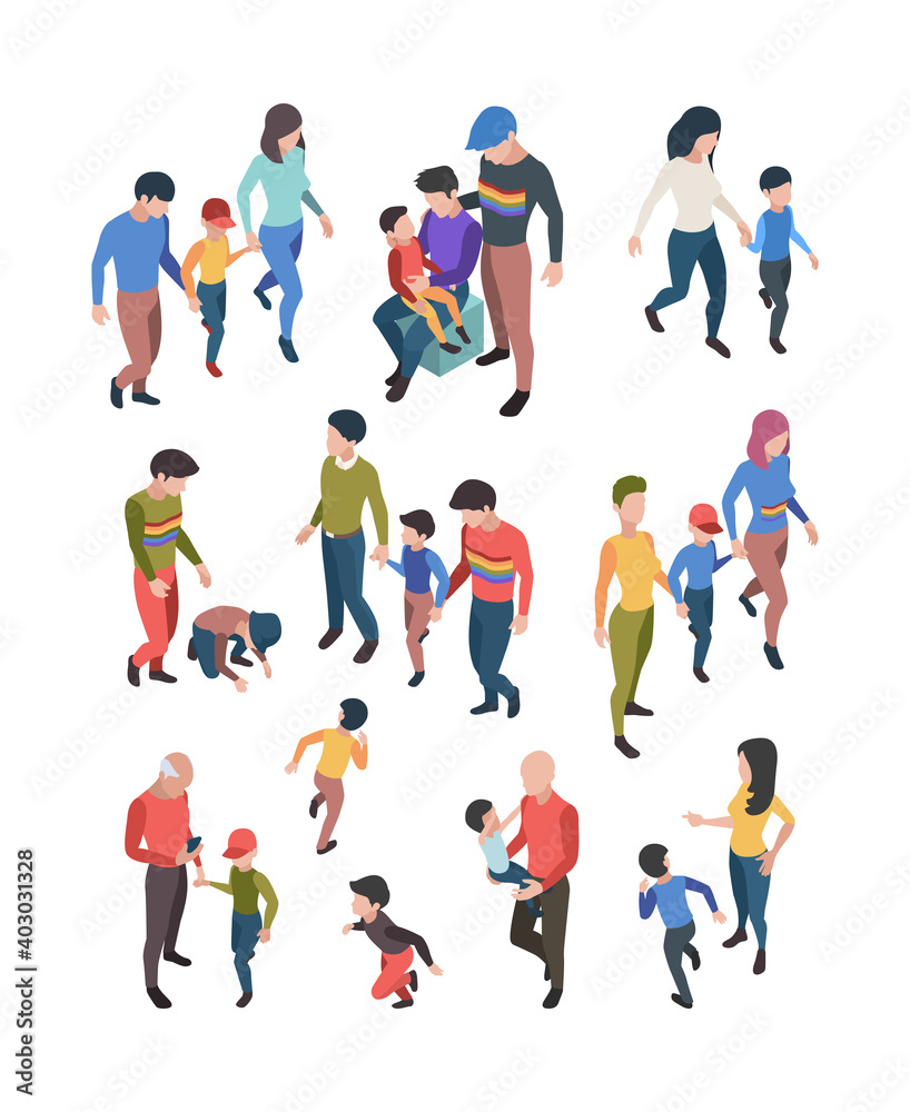 Lgbt family. Non traditional lovers rainbow happy father and mother garish vector isometric set. Illustration lgbt family, couple with kids