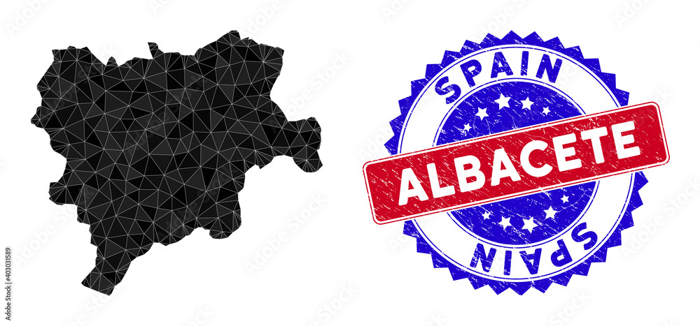 Albacete Province map polygonal mesh with filled triangles, and rough bicolor stamp seal. Triangle mosaic Albacete Province map with mesh vector model, triangles have variable sizes, and positions,