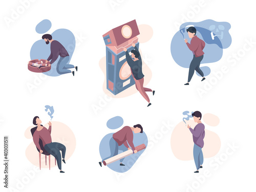 Smokers people. Unhealthy organs of smoker characters concept illustrations garish vector addicted persons. Smoker cigarette and tobacco, organ disease respiration ill
