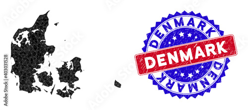 Denmark map polygonal mesh with filled triangles, and rough bicolor stamp print. Triangle mosaic Denmark map with mesh vector model, triangles have variable sizes, and positions, and color hues.