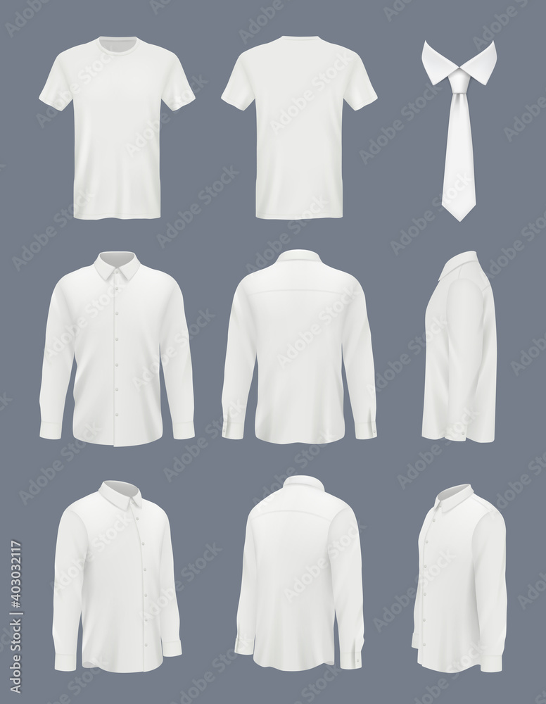 Business shirt for men. Male luxury shirt with long sleeve and tie clothes  mockup uniforms decent vector pictures set. Top view mock up white shirt  illustration Stock-Vektorgrafik | Adobe Stock