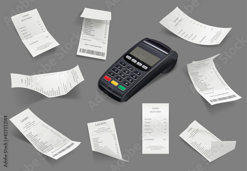 Bills receipt templates. Realistic billing financial papers customers store invoice decent vector illustrations. Business electronic invoice, cheque bill