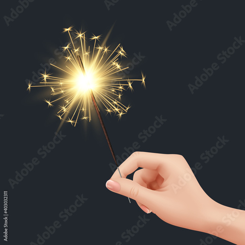 Bengal light in hand. Xmas celebration fireworks birthday glow sparks decent vector realistic template. Fire bengal to birthday burning, sparkler christmas illustration