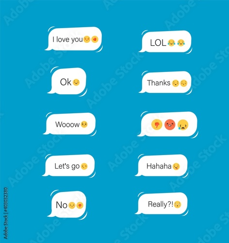 Online communication phrases with smilies. Speech blue bubbles greeting with joyful laugh and denial with admiration vector.