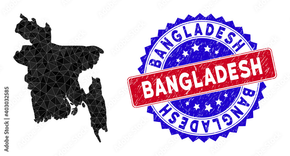 Bangladesh map polygonal mesh with filled triangles, and scratched bicolor stamp seal. Triangle mosaic Bangladesh map with triangular vector model, triangles have different sizes, and positions,