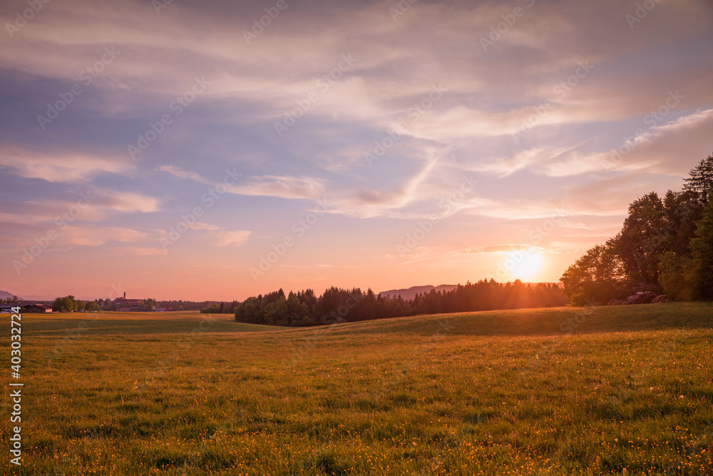 sunset over beautiful rural bavarian landscape, with buttercup meadow and cloudy sky, warm tones
