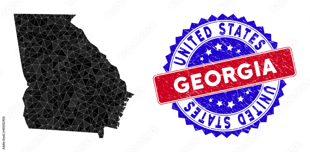 American State Georgia map polygonal mesh with filled triangles, and grunge bicolor rubber seal. Triangle mosaic American State Georgia map with mesh vector model, triangles have different sizes,