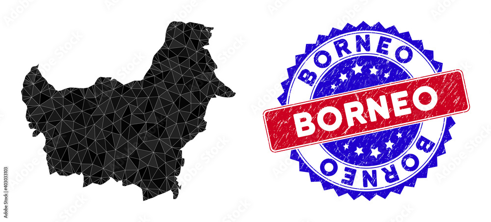 Borneo map polygonal mesh with filled triangles, and rubber bicolor rubber seal. Triangle mosaic Borneo map with mesh vector model, triangles have various sizes, and positions, and color shades.
