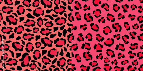 Jaguar pink tracery seamless pattern. Puma crimson spots with black cheetah outlines in vivid scheme red leopard vector color.