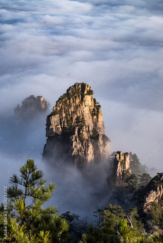 View of the clouds and the pine tree at the mountain peaks of Huangshan National park, China. Landscape of Mount Huangshan of the winter season. UNESCO World Heritage Site, Anhui China.