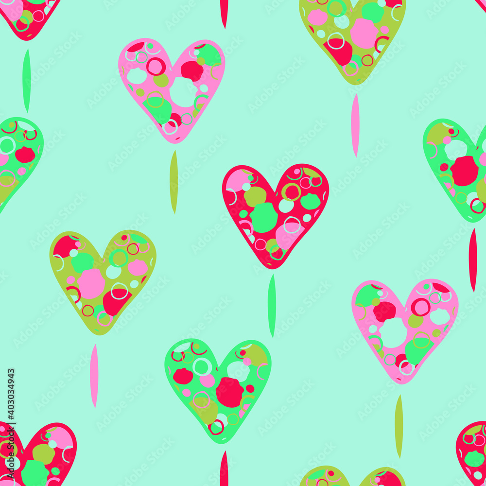 Seamless vector pattern with textured love hearts on blue background. Valentines day rainbow love wallpaper design. Romantic celebration fashion textile.