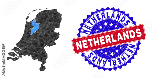 Netherlands map polygonal mesh with filled triangles, and distress bicolor stamp. Triangle mosaic Netherlands map with mesh vector model, triangles have different sizes, and positions, and color hues.