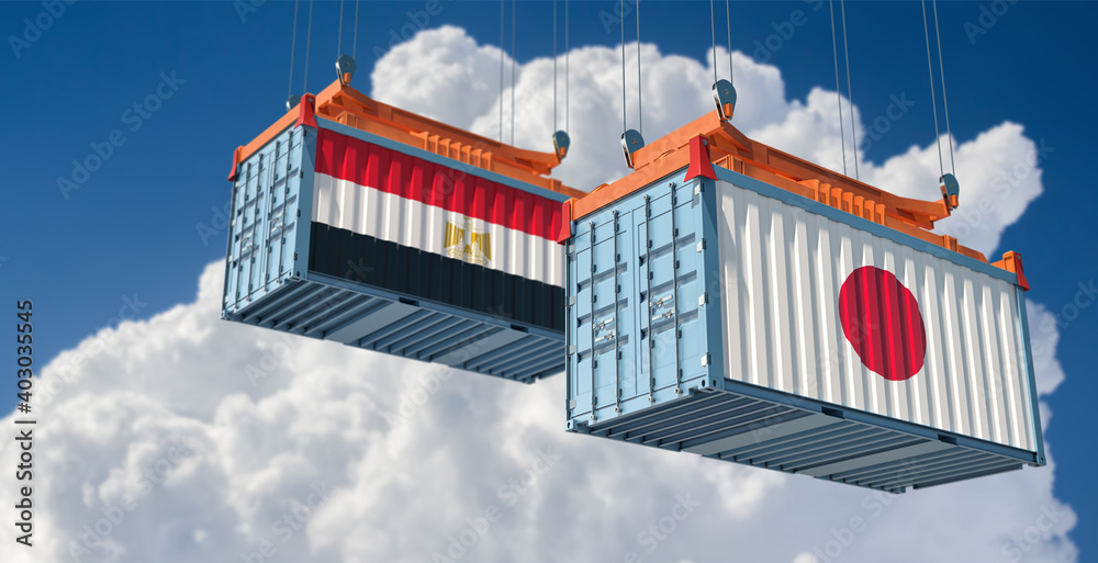 Freight containers with Japan and Egypt national flags. 3D Rendering 