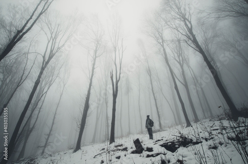 man in winter forest, wide angle landscape