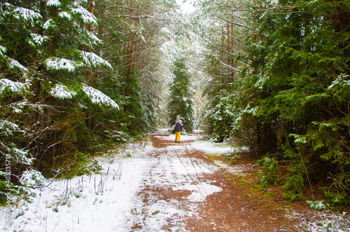 A child walks in a trekking stick in a snowy forest in winter