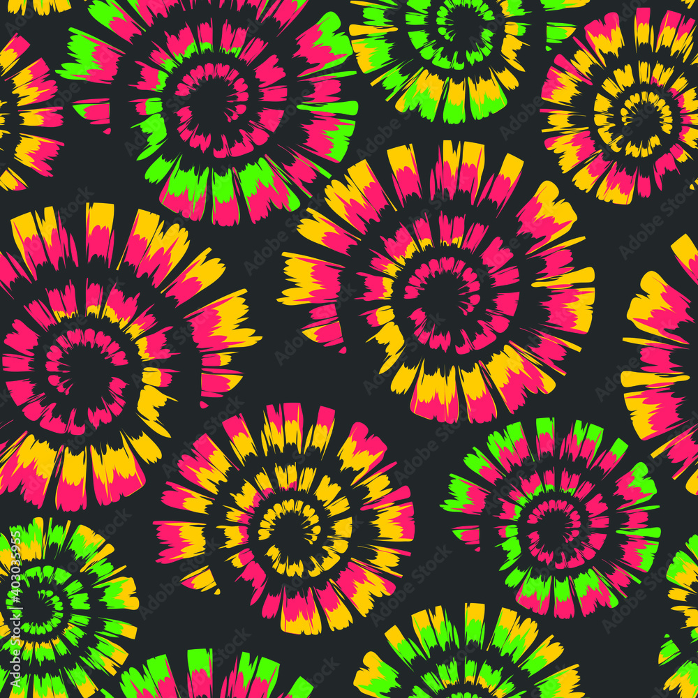 Seamless vector pattern with colourful spiral shell on grey background. Artistic tie dye wallpaper with paint swirl. Decorative fashion textile texture. Seamless vector pattern with colourful spiral shell on grey background. Artistic tie dye wallpaper with paint swirl. Decorative fashion textile texture.