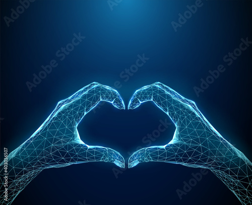 Abstract heart shape from two blue hands.