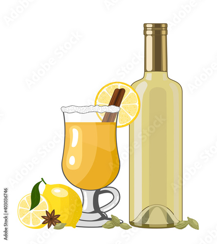 White mulled wine with spices and fruits in glass, vector illustration in flat style. Traditional winter warming drink on white background