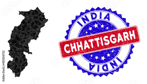 Chhattisgarh State map polygonal mesh with filled triangles, and unclean bicolor rubber seal. Triangle mosaic Chhattisgarh State map with mesh vector model, triangles have different sizes, photo