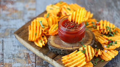 Selective focus. Corrugated chips with spices and sauce.