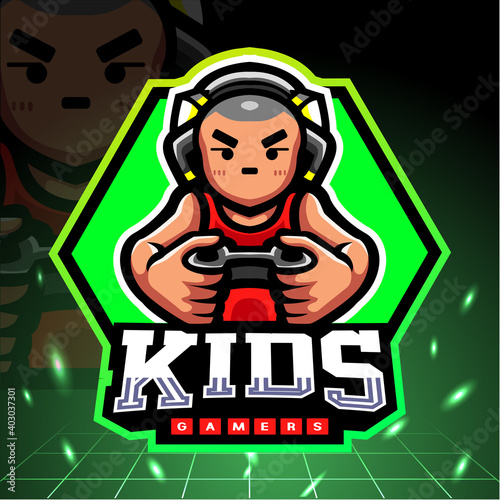 Little boy mascot playing games. esport logo design