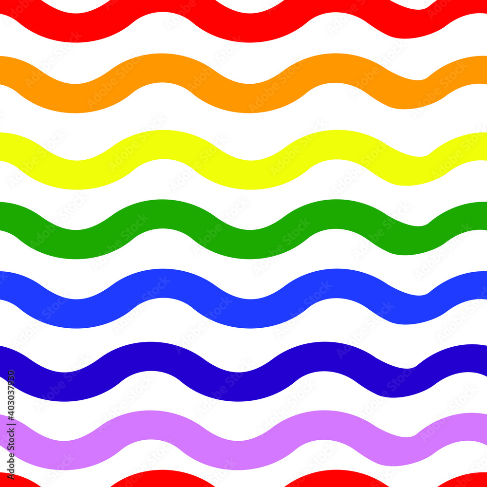 Seamless vector pattern with colourful lines on white background. Simple rainbow wave wallpaper design. Decorative fashion textile.