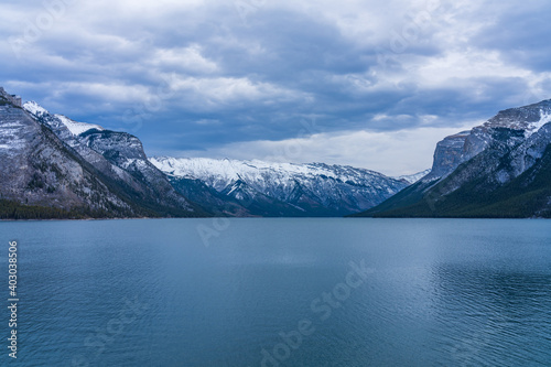 Lake Minnewanka in early winter. Banff National Park, Canadian Rockies, Alberta, Canada.