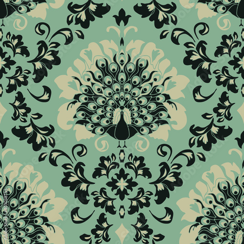 Seamless vector pattern damask  wallpaper with peacock on grey background. Romantic renaissance bird design. Victorian style fashion textile.