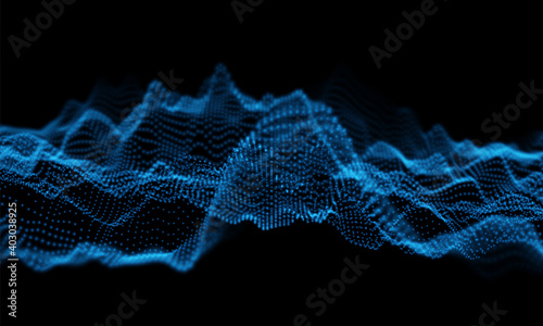 Abstract technology background. Digital blue particle wave. Sound structure visualization. Flow dot landscape.