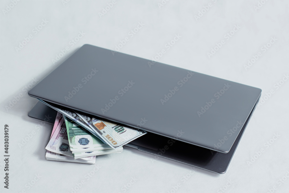 Online work and investment concept. Laptop with a bundle of dollar and euro bills on a white background. Online work and investment concept. Laptop with a bundle of dollar and euro bills on a white background.