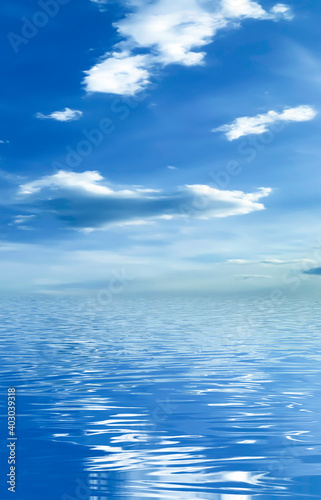 Blue sky with clouds  horizon  sunlight reflected in water  clouds  waves. Empty sea landscape  natural empty scene. 3D illustration