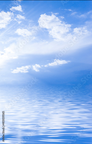 Blue sky with clouds, horizon, sunlight reflected in water, clouds, waves. Empty sea landscape, natural empty scene. 3D illustration