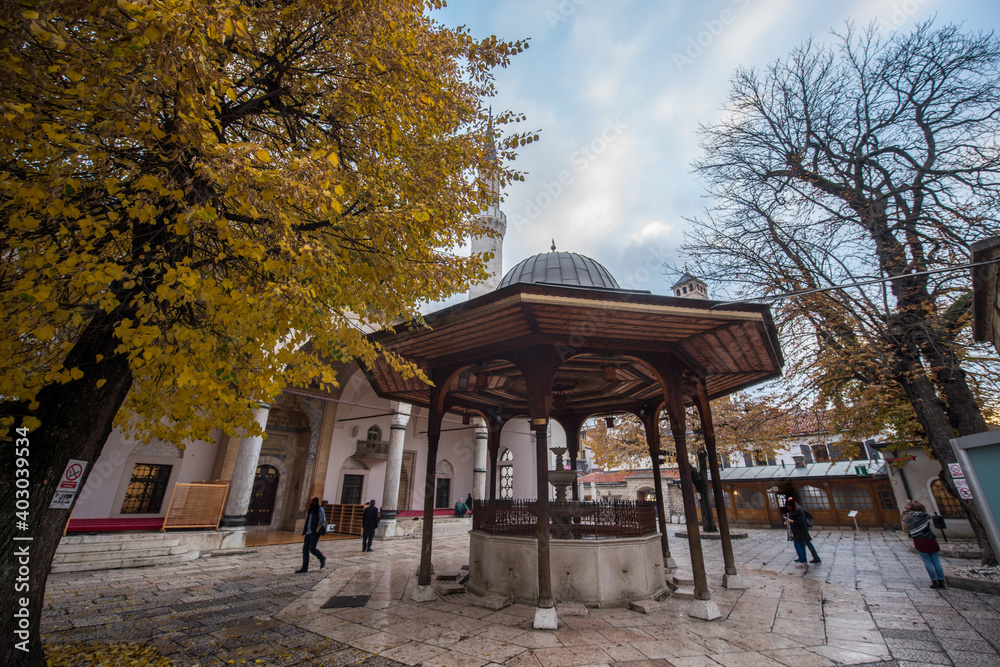 Mosque with fountain in front