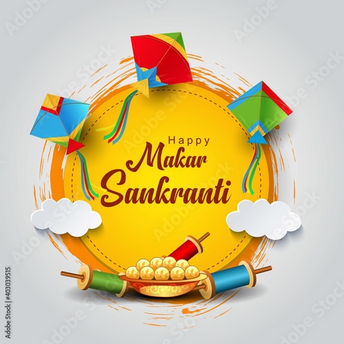 Indian festival Happy Makar Sankranti poster design with group of colorful kites flying cloudy sky. vector illustration design.