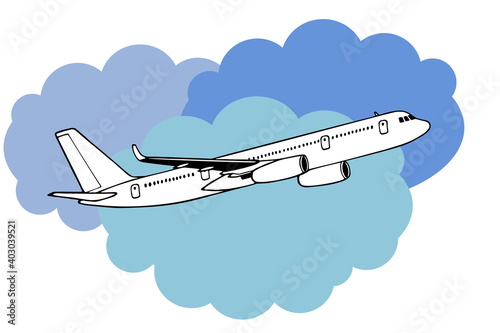 Jetliner hand drawn realistic doodle sketch tracing vector llustration. Airline Concept Travel Passenger plane. Jet commercial airplane against the background of blue clouds.