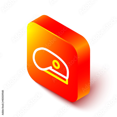 Isometric line Military beret icon isolated on white background. Soldiers cap. Army hat. War baret. Orange square button. Vector.