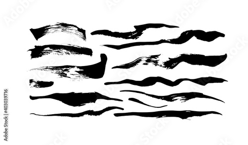 Black paint wavy and straight brush strokes vector collection. Dirty curved lines and wavy brushstrokes. Ink illustration isolated on white background. Modern grunge brush lines. Calligraphy smears.