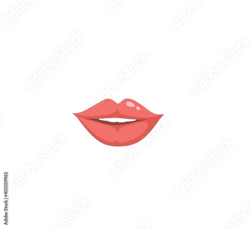 Half-open female mouth. Pink smiling lips isolated on white background. Pop art style