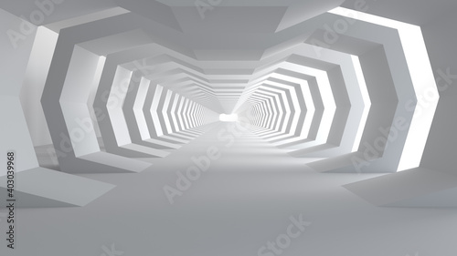 3D rendering of Empty space concrete room and the pathway area indefinitely with the gap and glowing light. Museum space design, the rhythm of the square frame and the gap, Geometric structure.