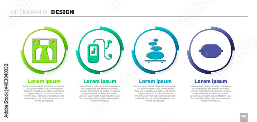 Set Bathroom scales, Music player, Stack hot stones and Lemon. Business infographic template. Vector.