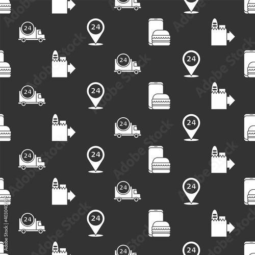 Set Online ordering and delivery, Online ordering and delivery, Fast delivery by car and Round the clock delivery on seamless pattern. Vector.