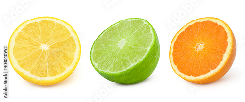 Collection lime,lemon and orange slices isolated on white background,Citrus fruit, juicy.