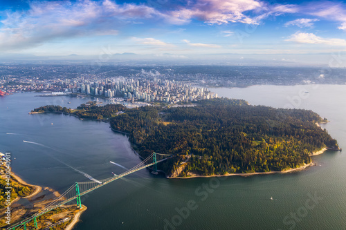 Beautiful Aerial View of Lions Gate Bridge  Stanley Park and Vancouver Downtown  British Columbia  Canada. Colorful Sunrise Artistic Render