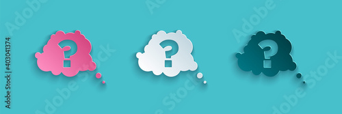 Paper cut Question mark icon isolated on blue background. FAQ sign. Copy files, chat speech bubble and chart. Paper art style. Vector.