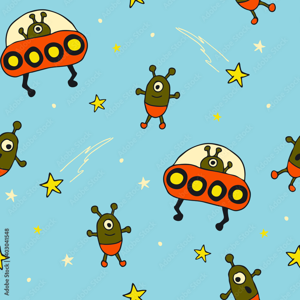 Seamless vector pattern with cartoon aliens on blue background. Fun UFO wallpaper design for children. Cute galaxy fashion textile.